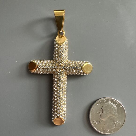 Cross Pendant Stainless Steel Cubic Zirconia 24” Chain Necklace Hip Hop Gold Men - Picture 3 of 6